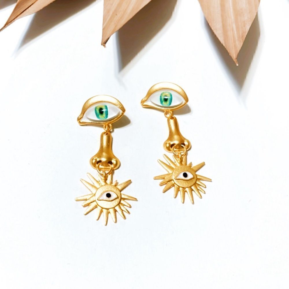 Gold Eye & Sun Dangle Earrings with Green Accent